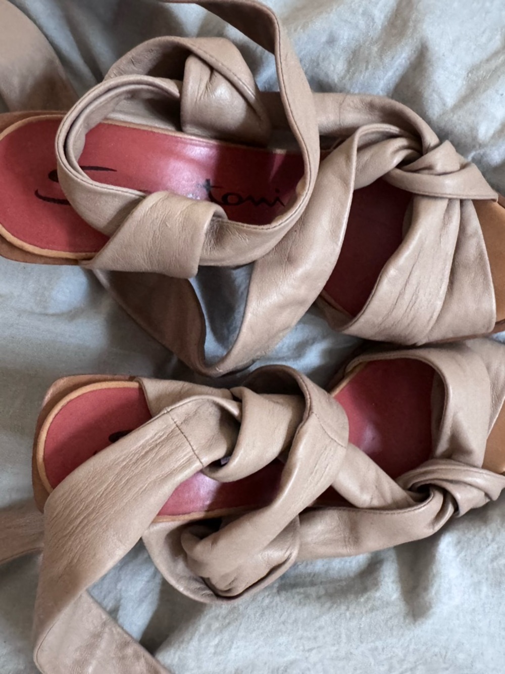 Santoni Taupe Leather Wrap Sandals with Pink Insole